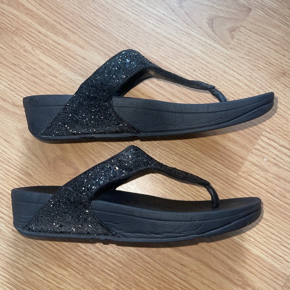Fitflop Lulu Toe Post Thong Black Sparkly / Glittery Wedge / Ergo Arch Sandals - Picture 6 of 9